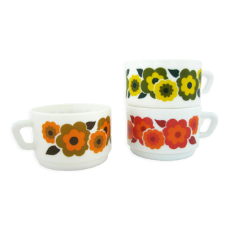 3 cups Lotus Arcopal France, pop flower patterns, vintage 70s