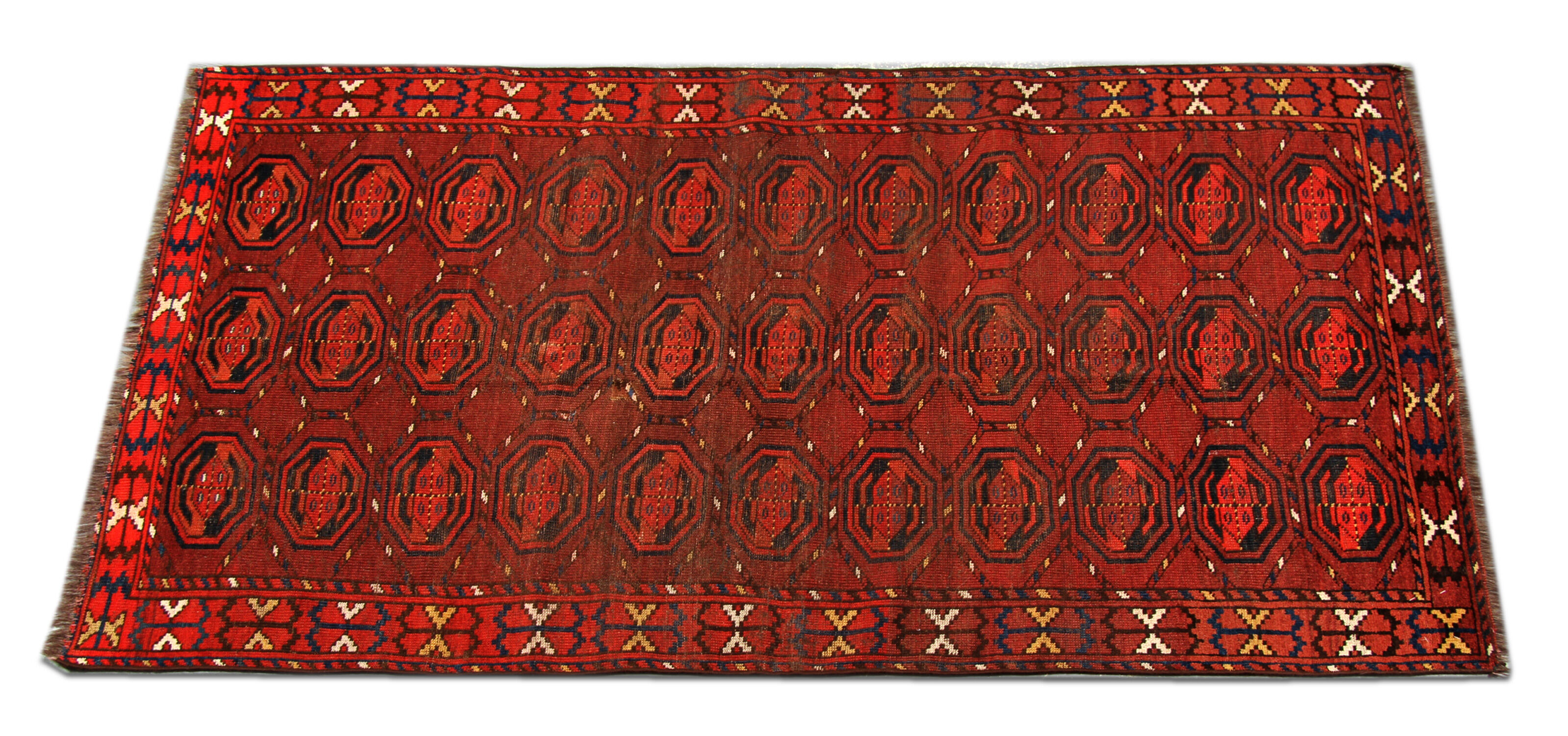 Red antique turkman carpet handwoven wool persian area rug- 110x204cm
