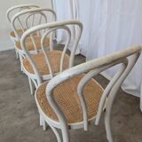 Set of 4 Vintage Thonet Style Dining Chairs: White Wood & Cane Seat