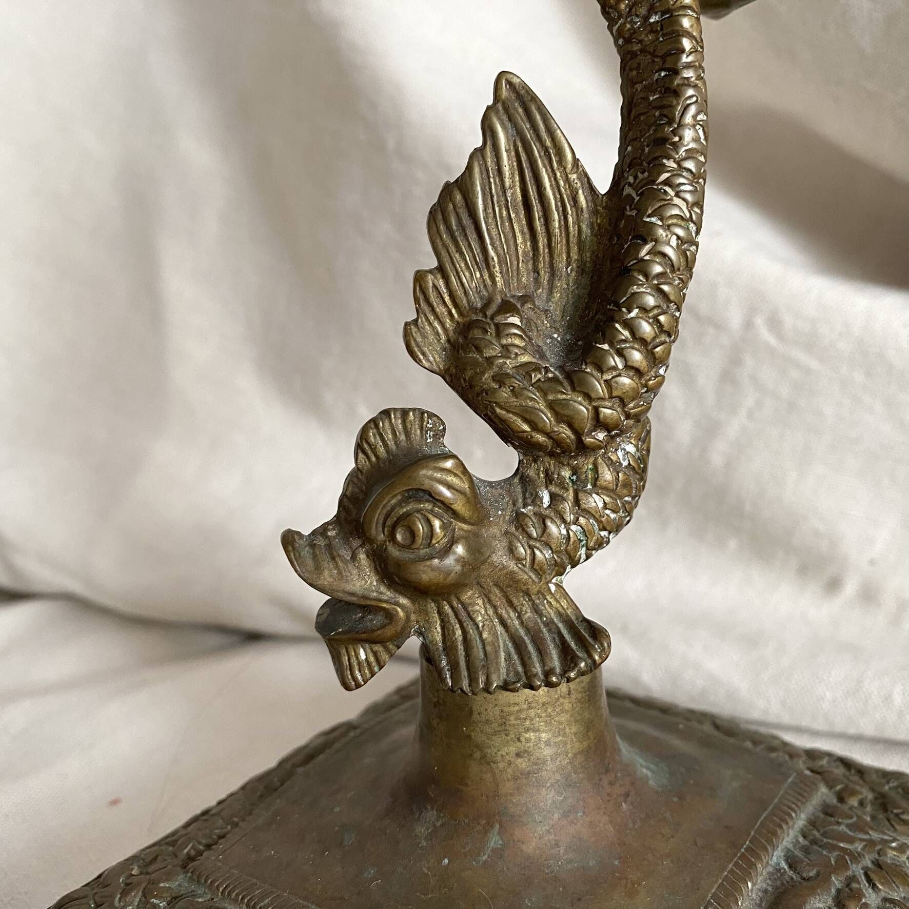 Antique dolphin candlestick from the 19th century, fish candlestick.