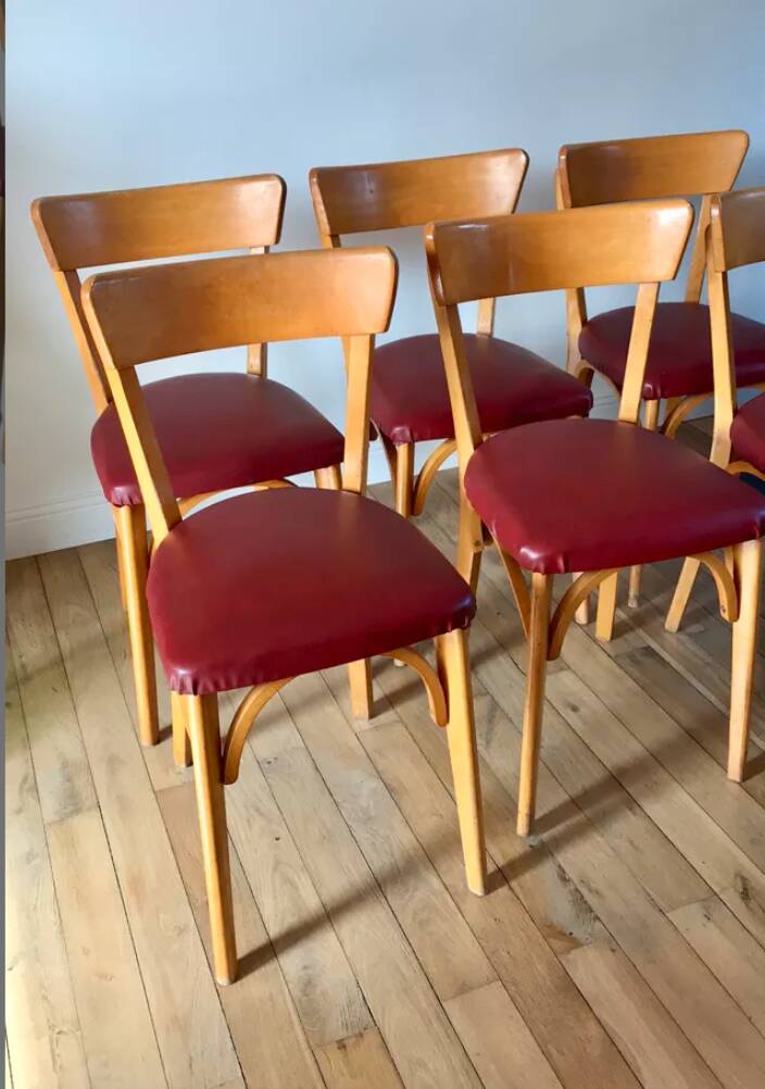 Set of 6 Luterma bistro chairs in blond wood and skaï 50s