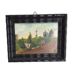 Tableau ancien paysage de campagne