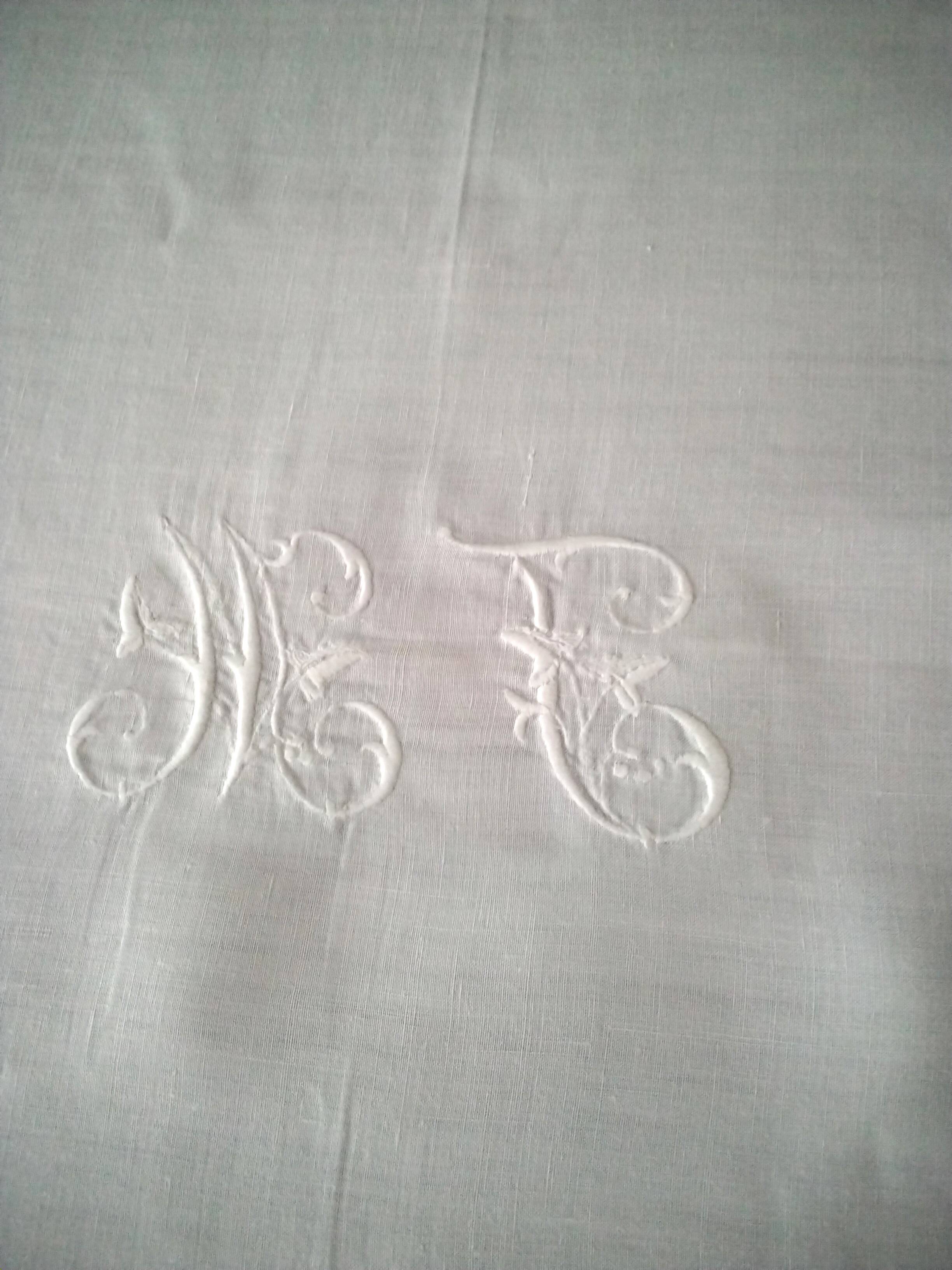 Antique white linen tablecloth monogrammed MC 1.68 X 1.70 m