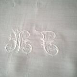 Antique white linen tablecloth monogrammed MC 1.68 X 1.70 m