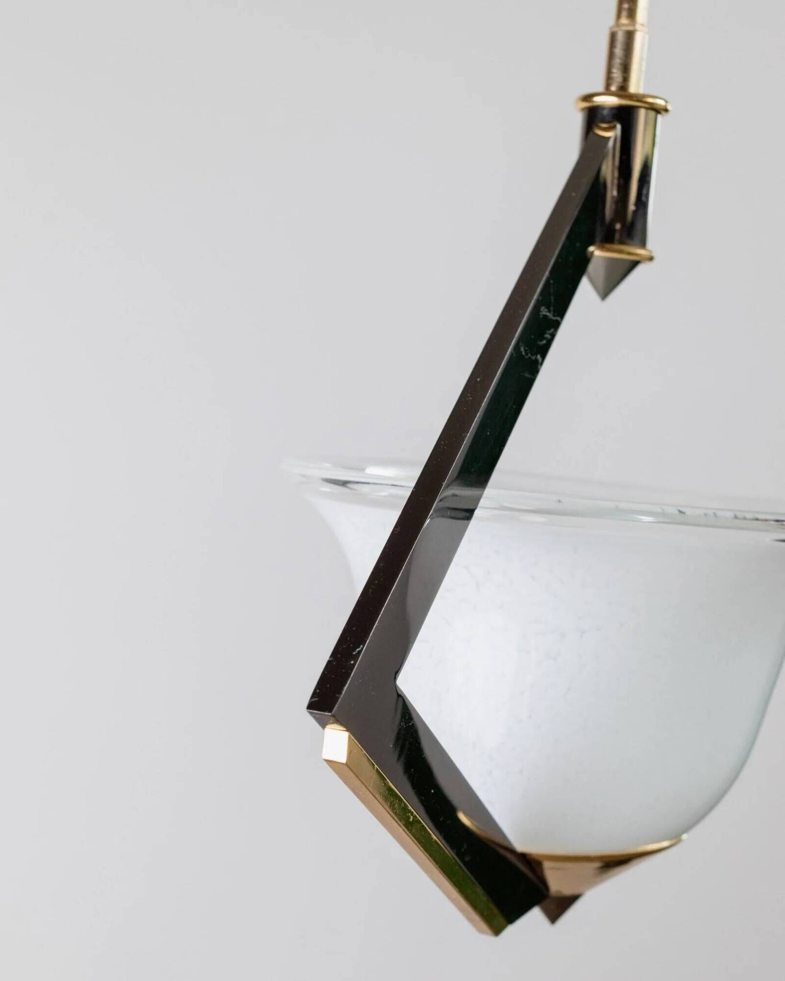 White Murano Glass Ceiling Lamp with Gold Metal Trim – 1980s Italian Vintage Triangular Chandelier