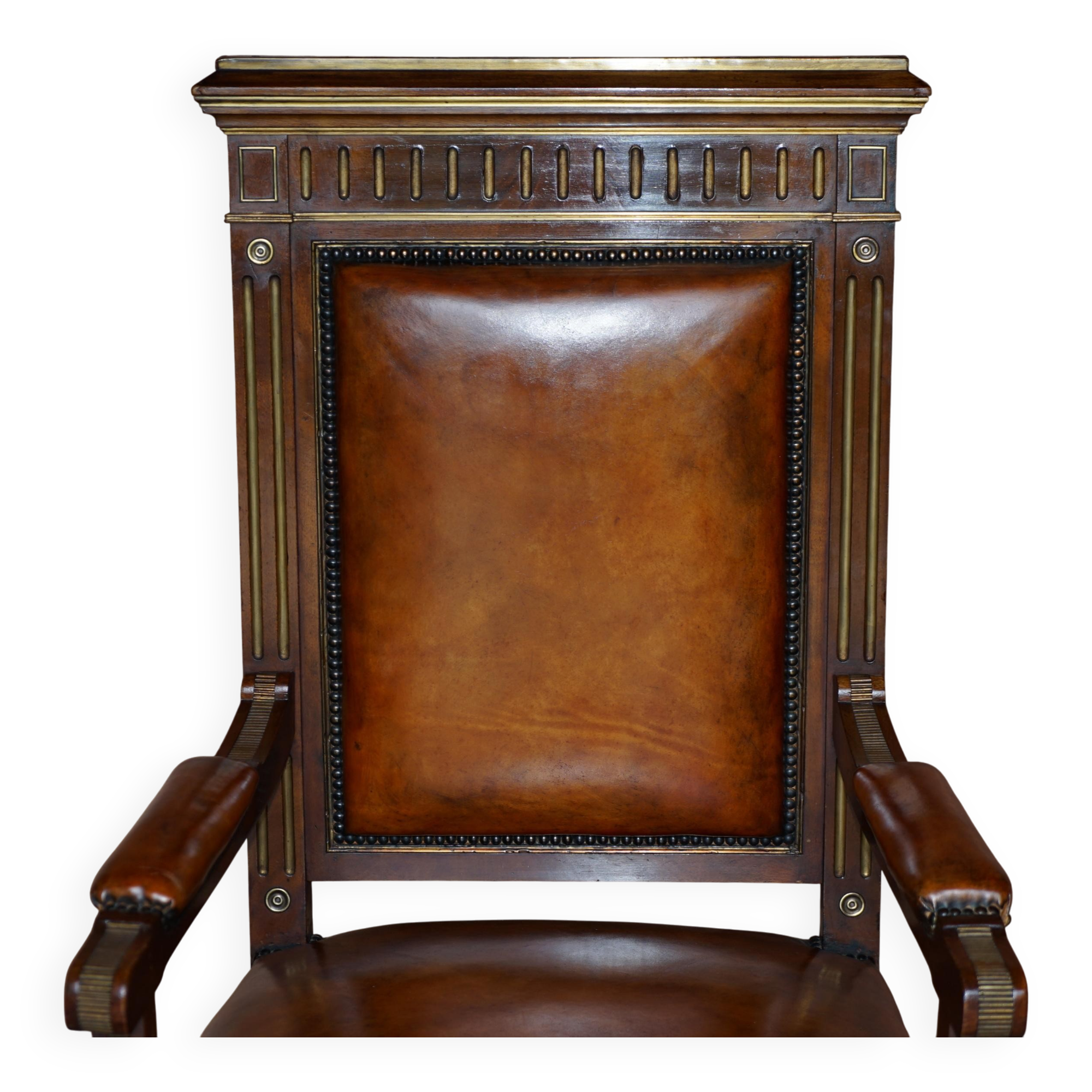 Restored antique Russian hardwood partner desk and leather armchair.