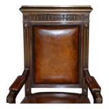 Restored antique Russian hardwood partner desk and leather armchair.