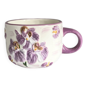 Vintage slip cup / mug - Orchid floral pattern - Lilac and white tones