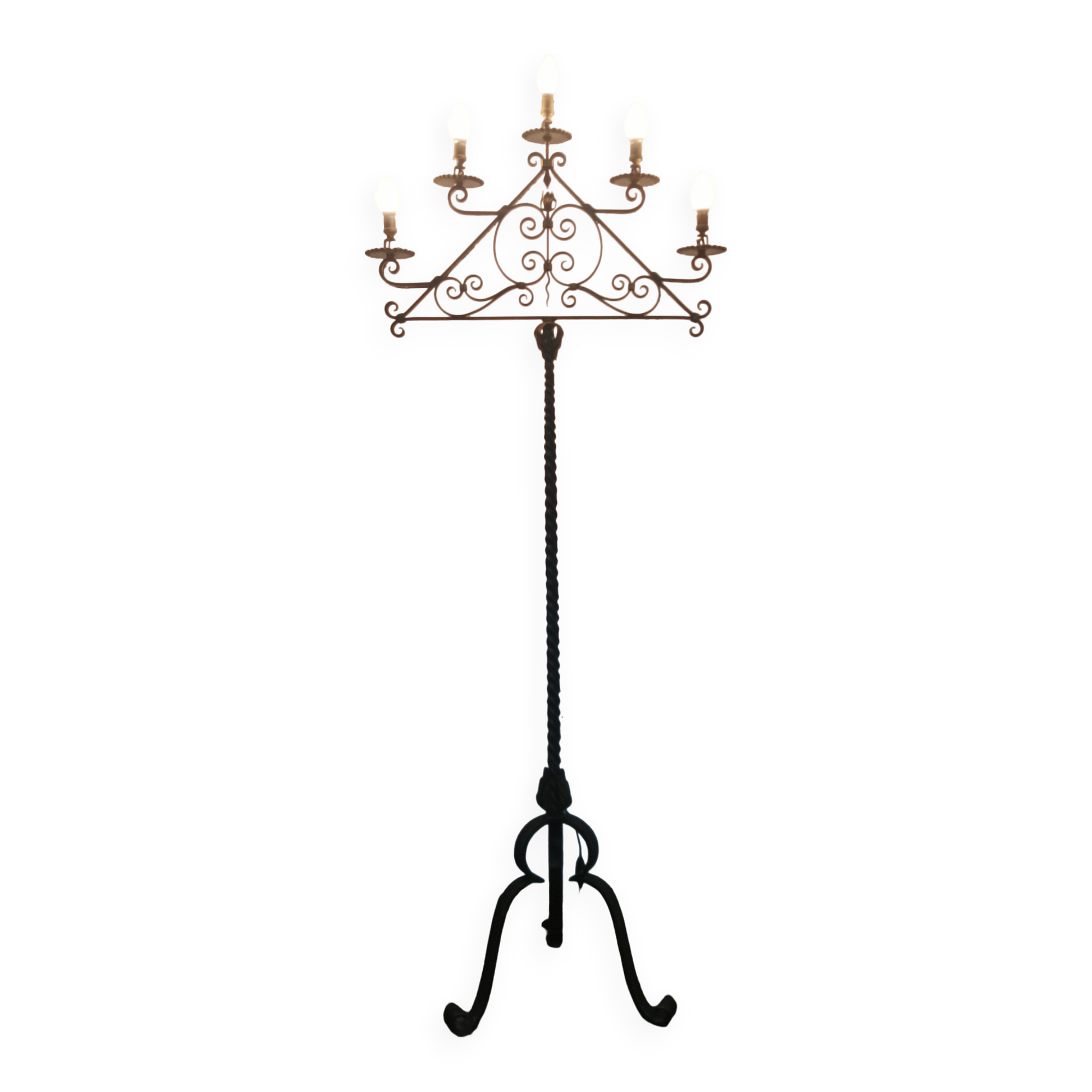 Wrought iron floor lamp with 5 light arms, 1940