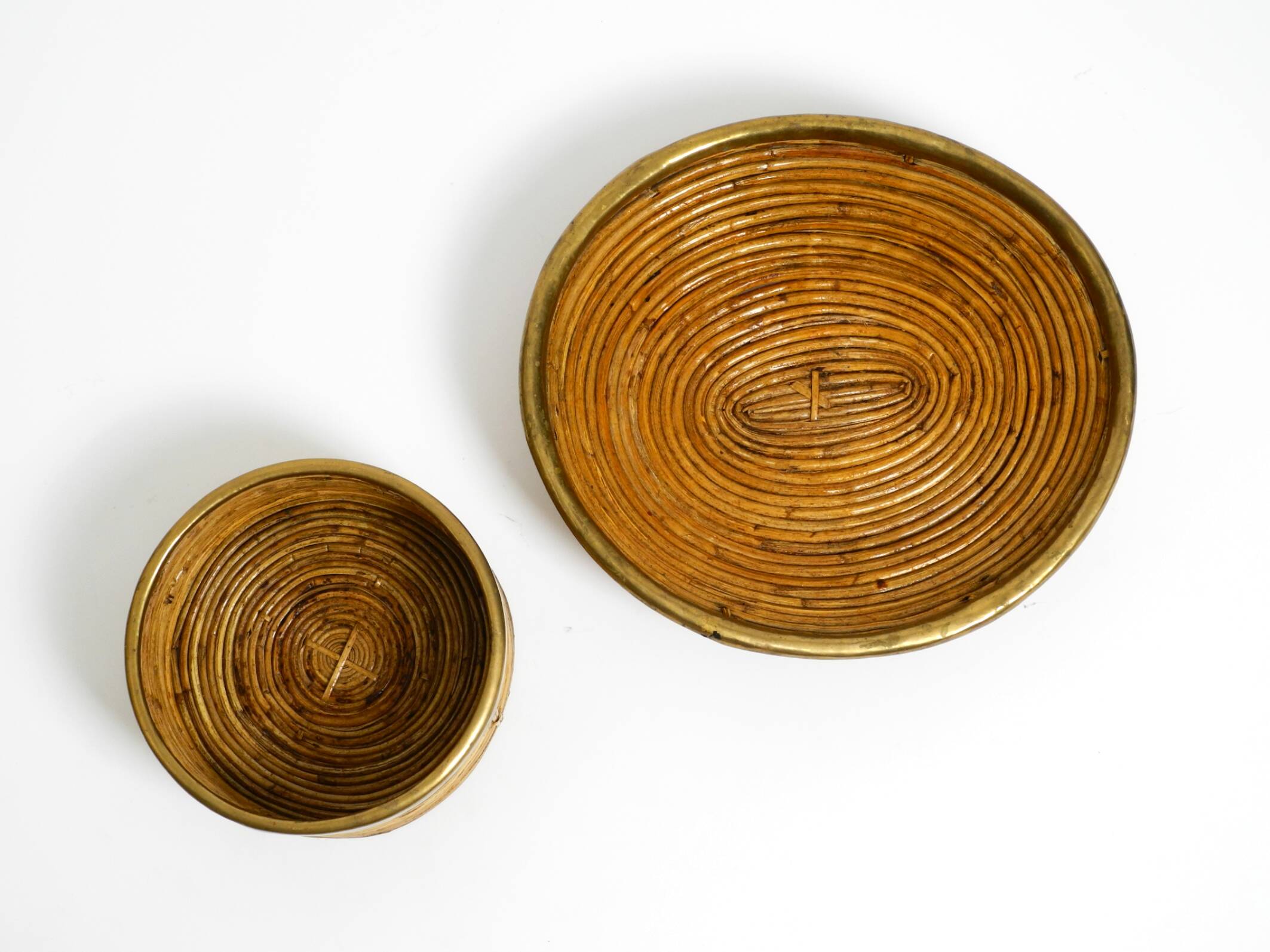 A pair of beautiful Italian Mid Century Modern bamboo bowls with brass rims