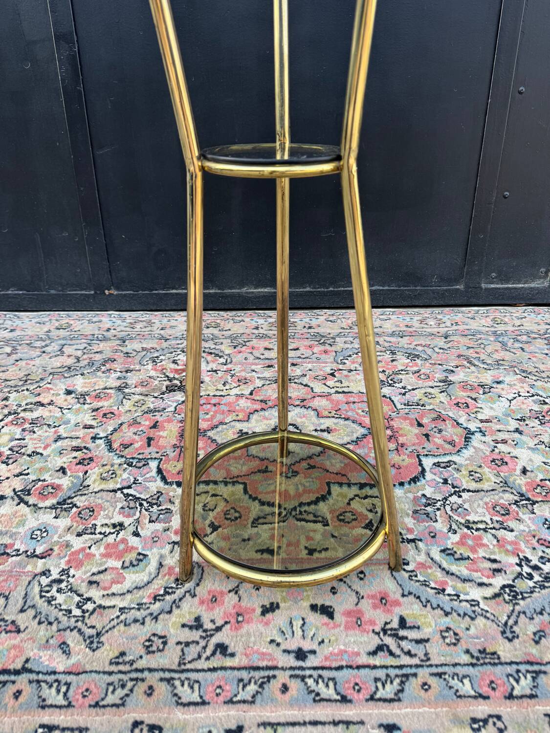 Golden tripod stand with smoked glass from the 1970s.