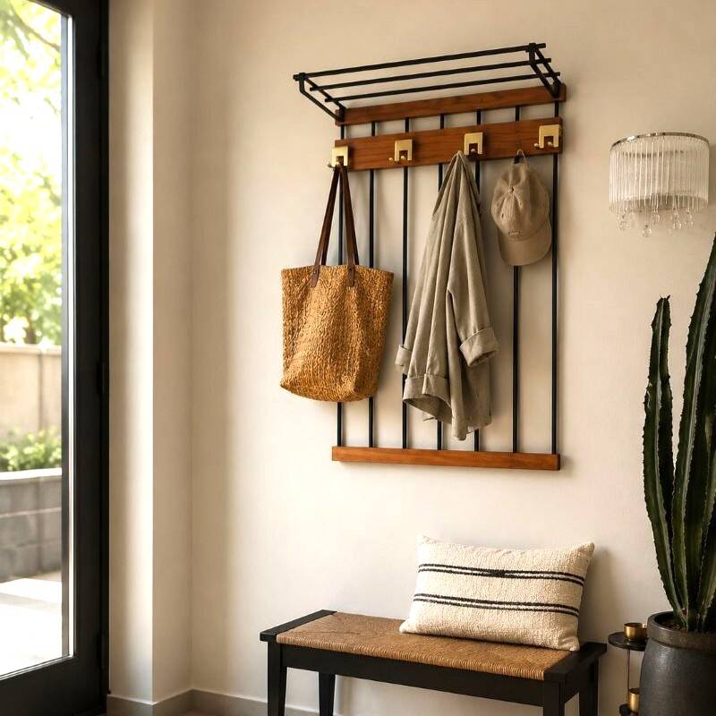 Wall-mounted coat rack in wood and black.