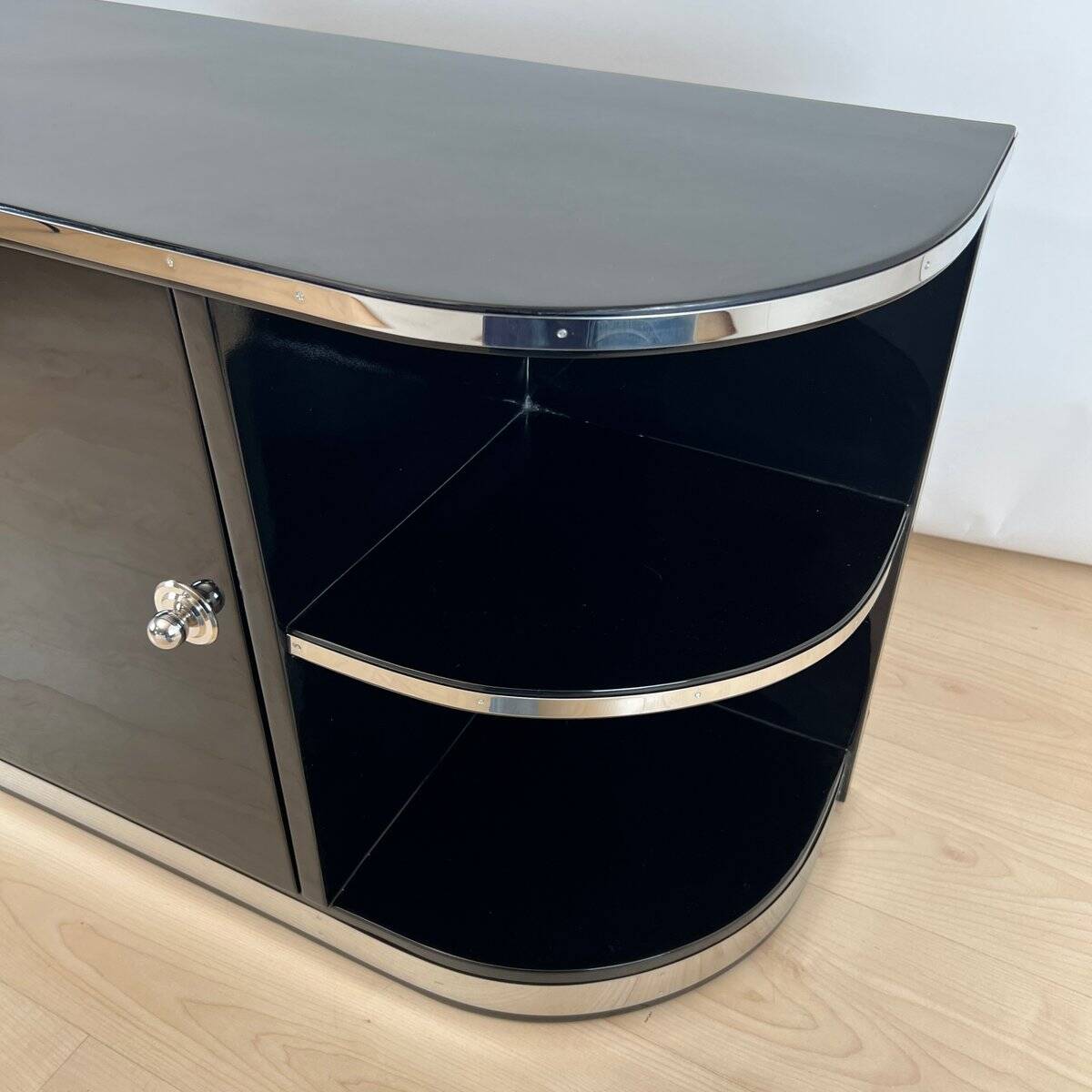 Art Deco Black Lacquered Lowboard with Chrome Fittings, France, 1930s