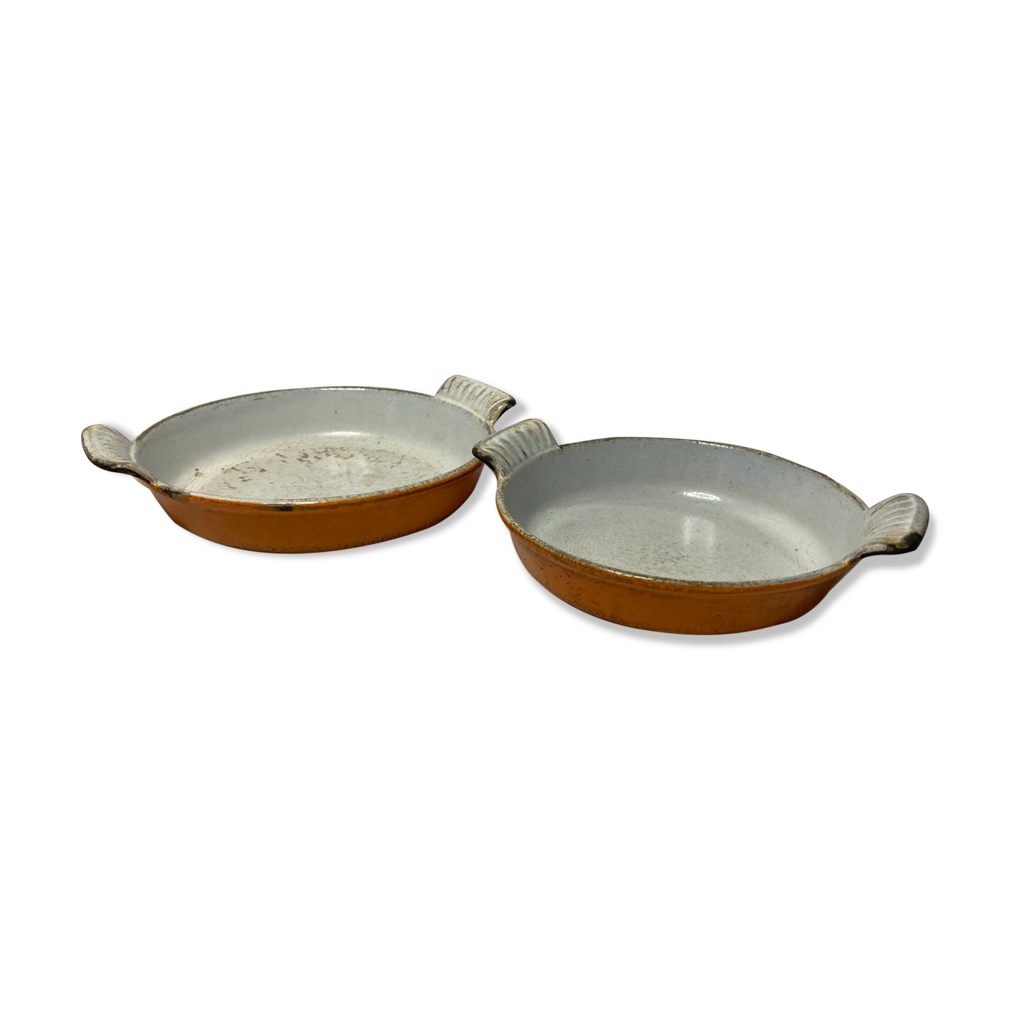 Vintage two dishes in enamelled cast iron orange dru