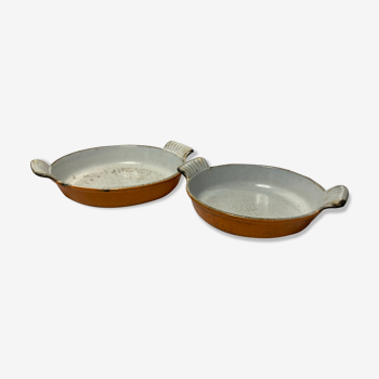 Vintage deux plats en fonte émaillée orange dru