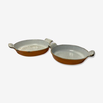 Vintage two dishes in enamelled cast iron orange dru