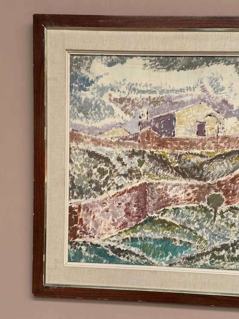 Original Swedish Oil on Canvas – "Landscape with Buildings" by Gösta Nordblad – Signed – Vintage and Framed