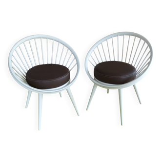 Pair of Scandinavian Armchairs, Wood and Leather