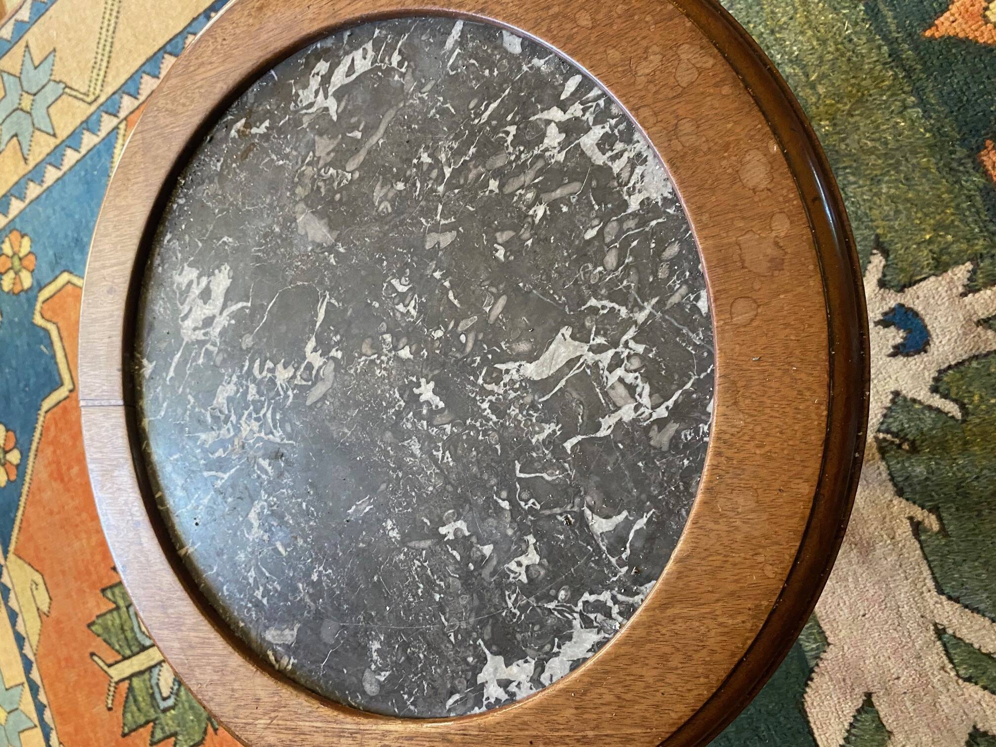 Round oak serving table with marble top