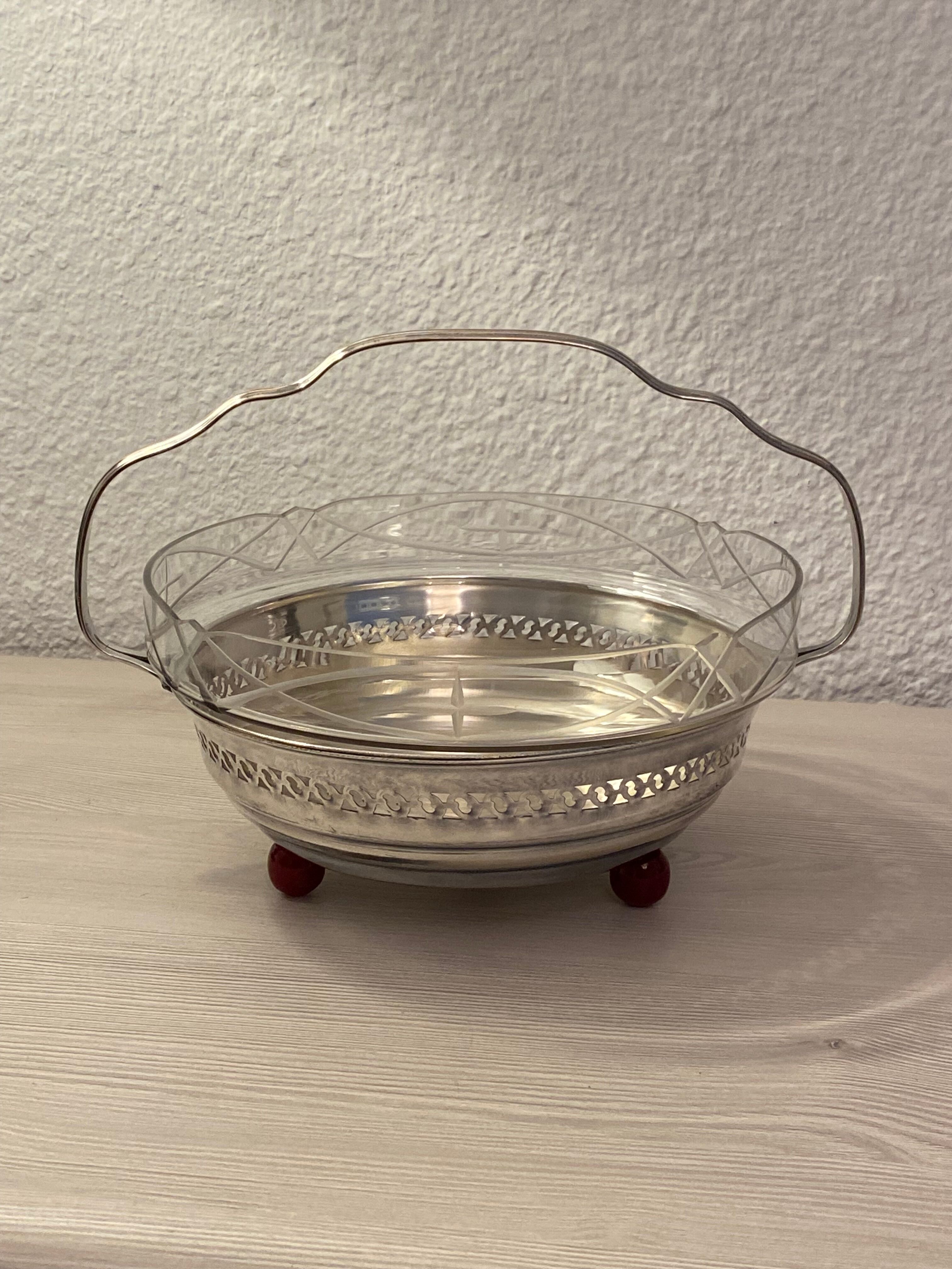 Art Deco fruit bowl in silver-plated metal and glass