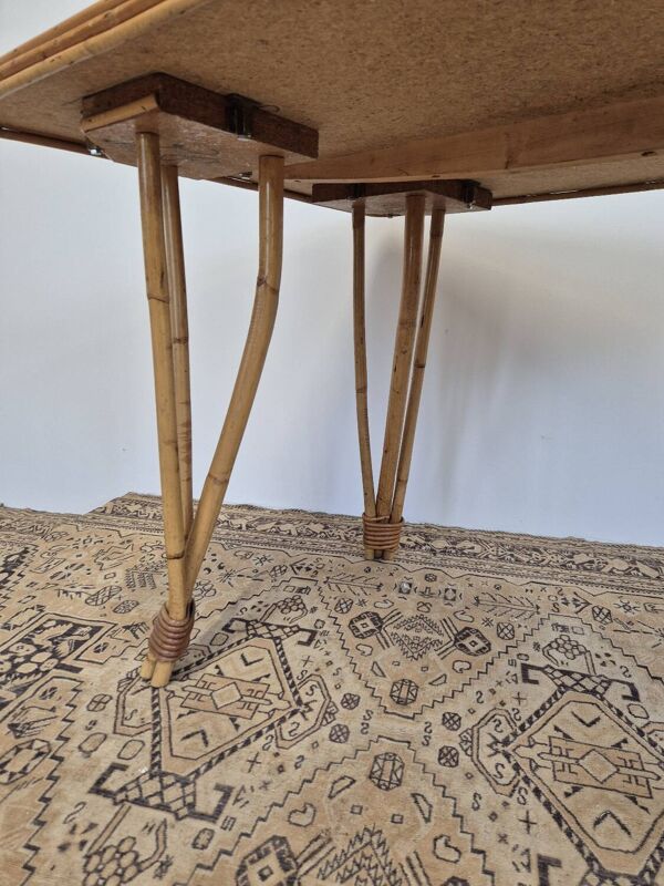 Table de salle à manger pieds compas en rotin, 1950