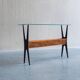 1950s Italian ebonized console table with glass top & lattice basket