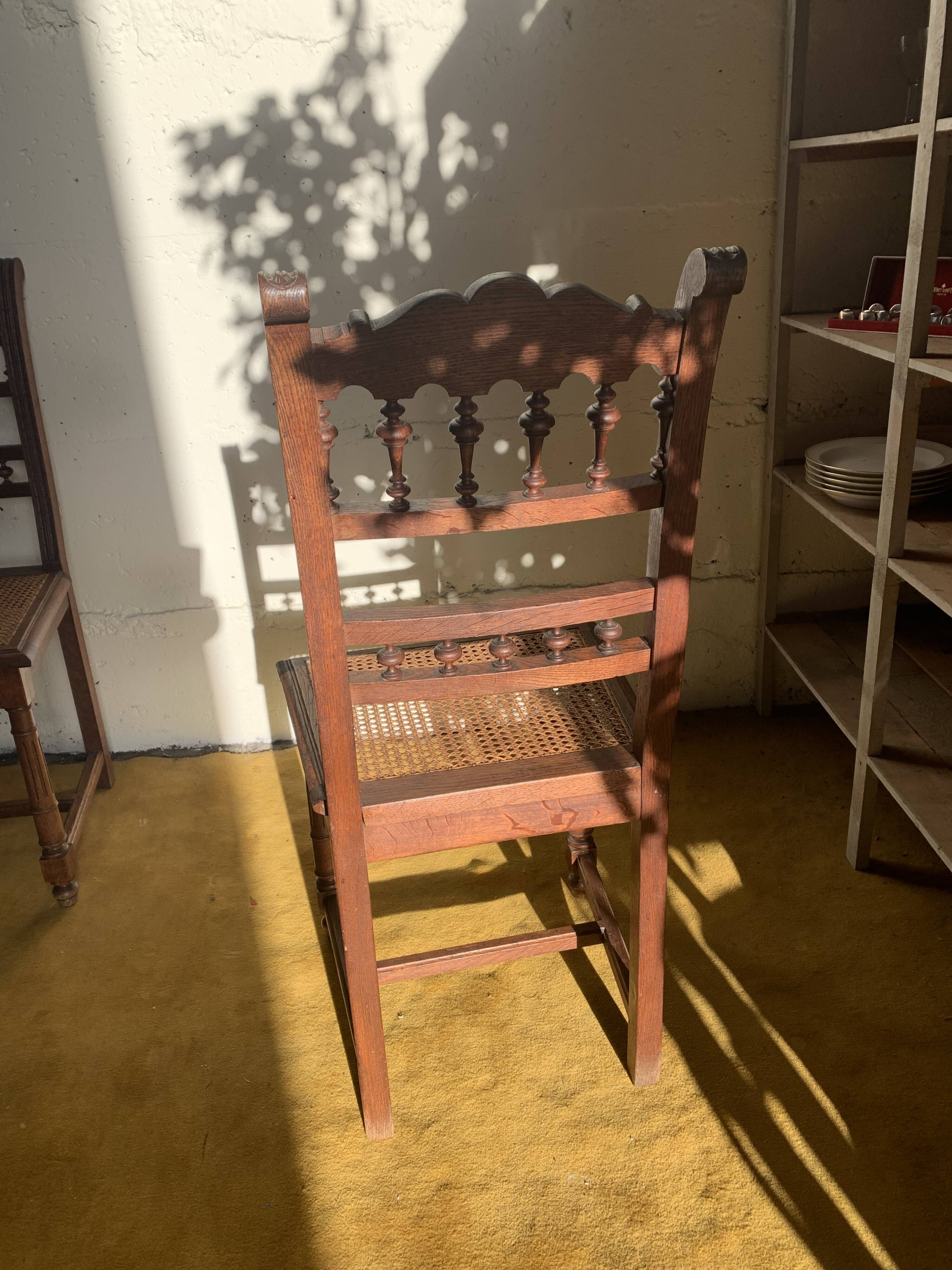 6 carved wooden chairs with cane seats