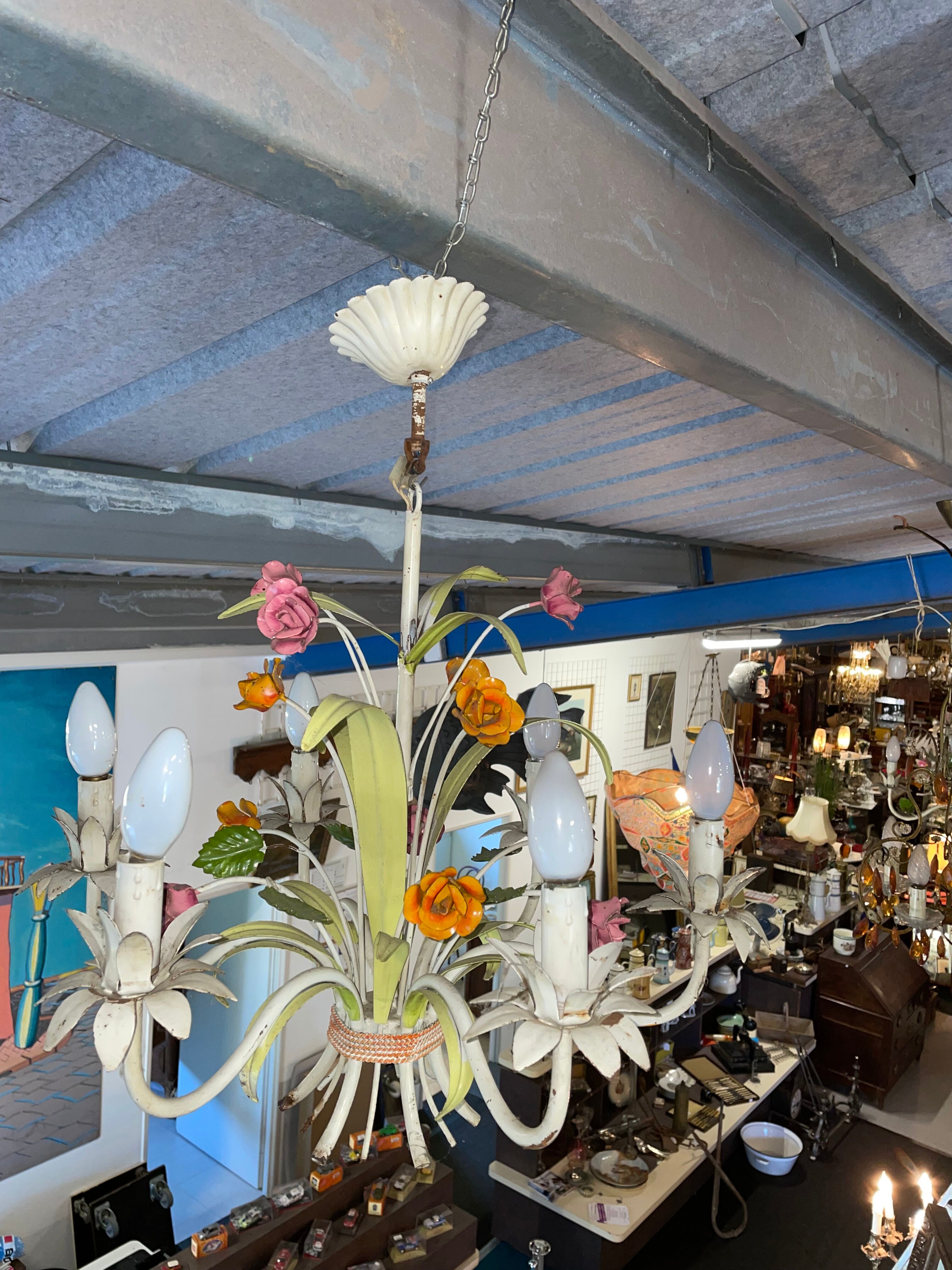Flower painted metal chandelier