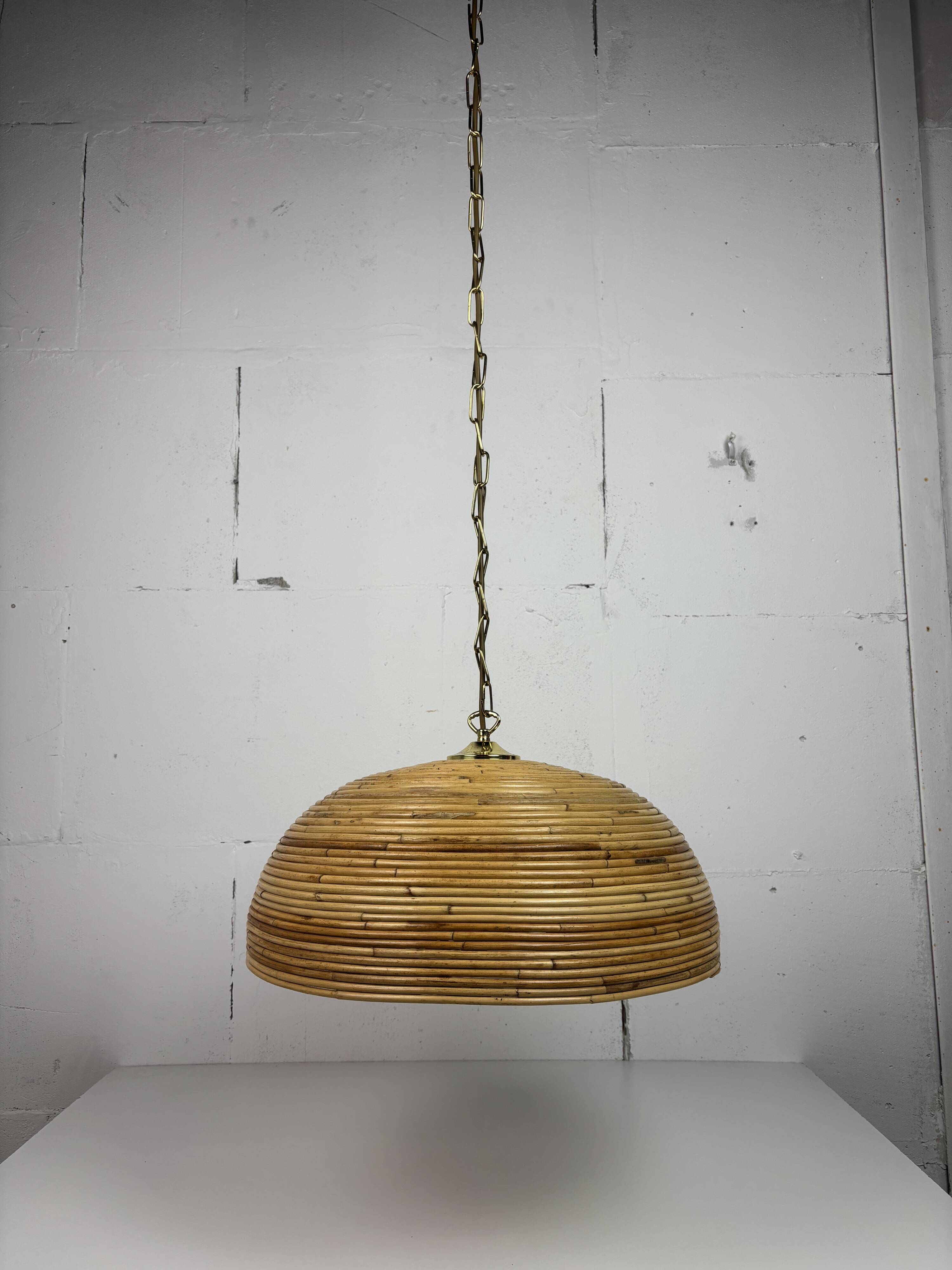 Midcentury Pencil Reed, Rattan, Bamboo and Brass Pendant Hanging Lamp, 1970