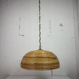 Midcentury Pencil Reed, Rattan, Bamboo and Brass Pendant Hanging Lamp, 1970