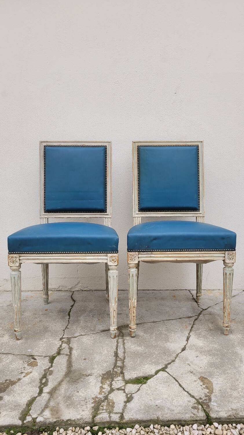 Pair of antique Louis XVI style chairs with patina