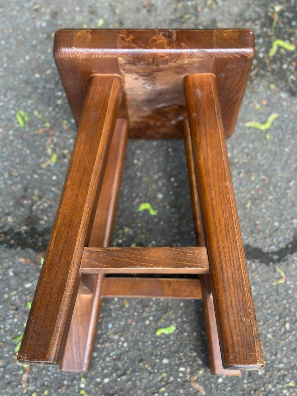Vintage square farmhouse stool in solid wood from the 1960s.