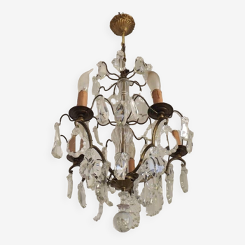 French Antique 5 Light Brass Glass And Crystal Tiered Chandelier 4661