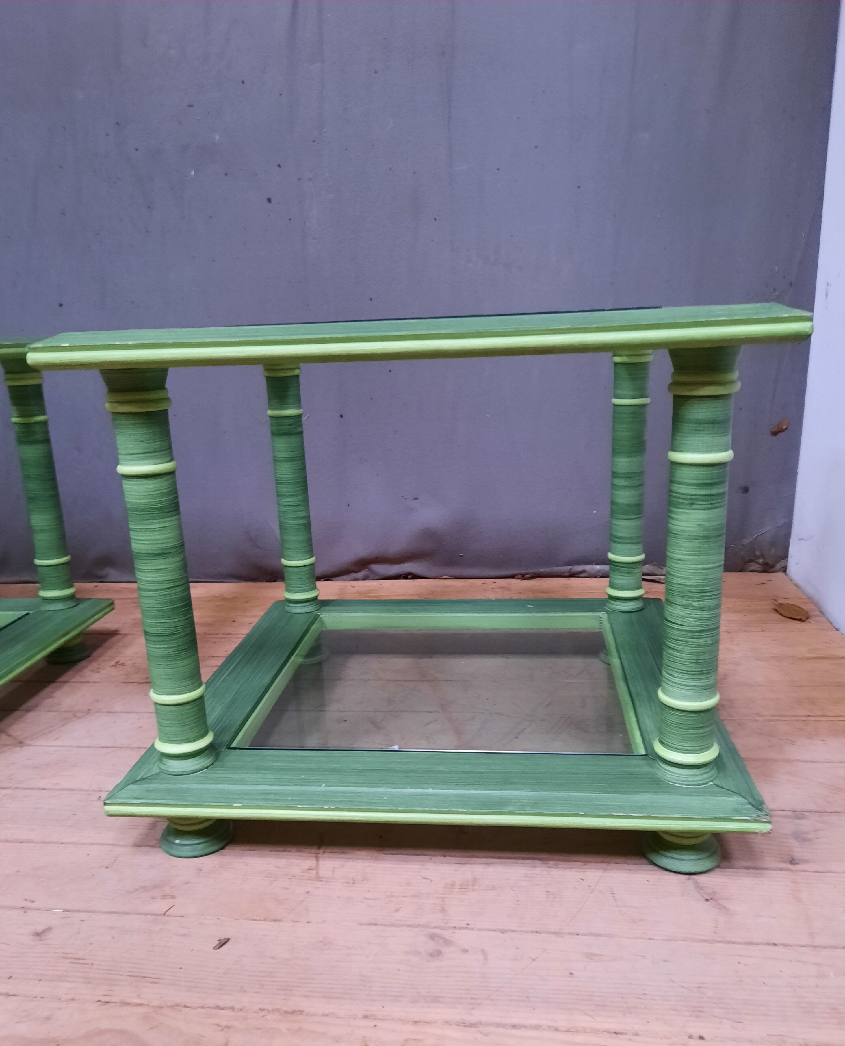 Pair of square sofa ends made of green ceruse wood