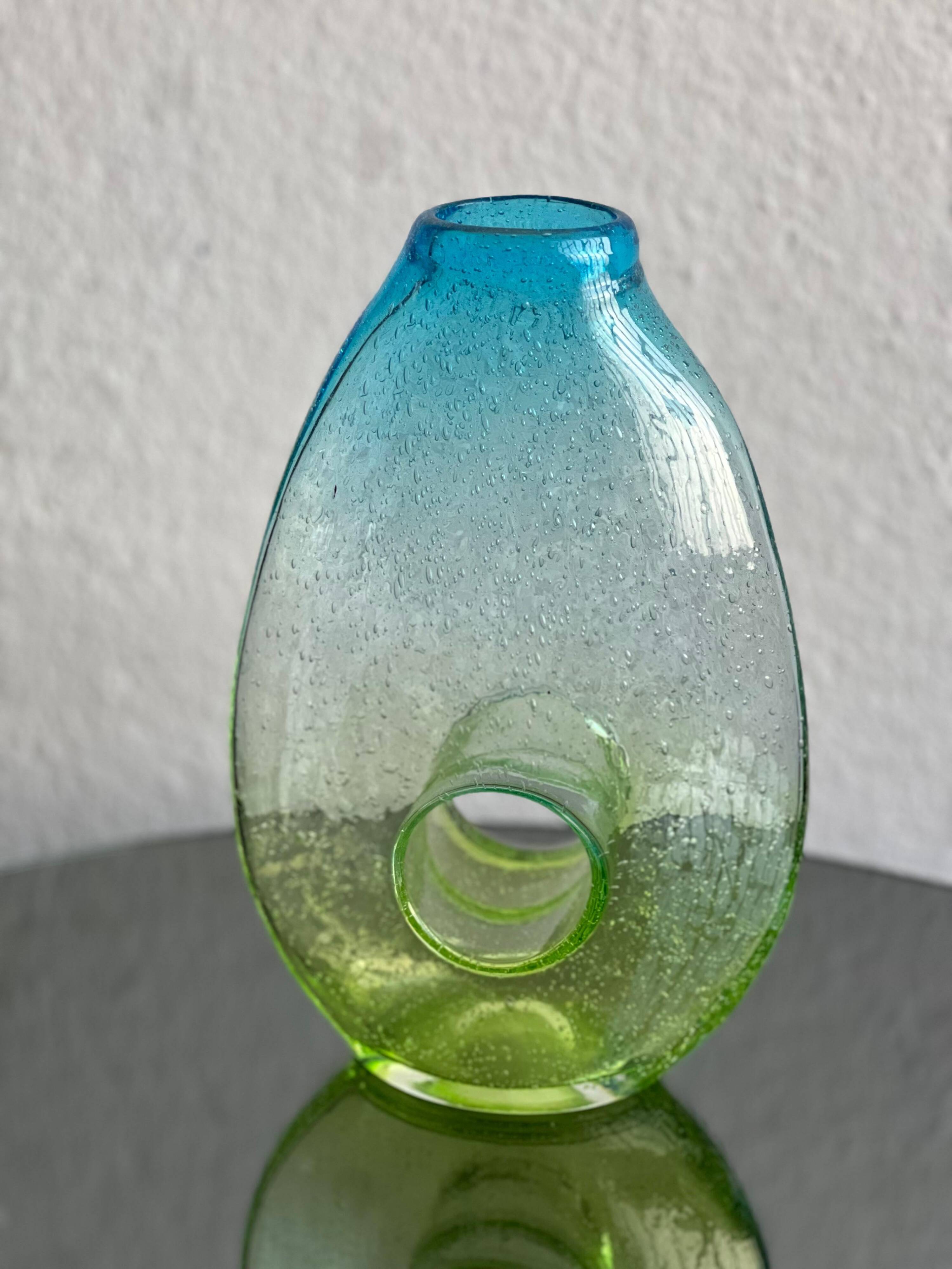 Sculptural green yellow Bullicante vase, decorative accent, bookcase accessory
