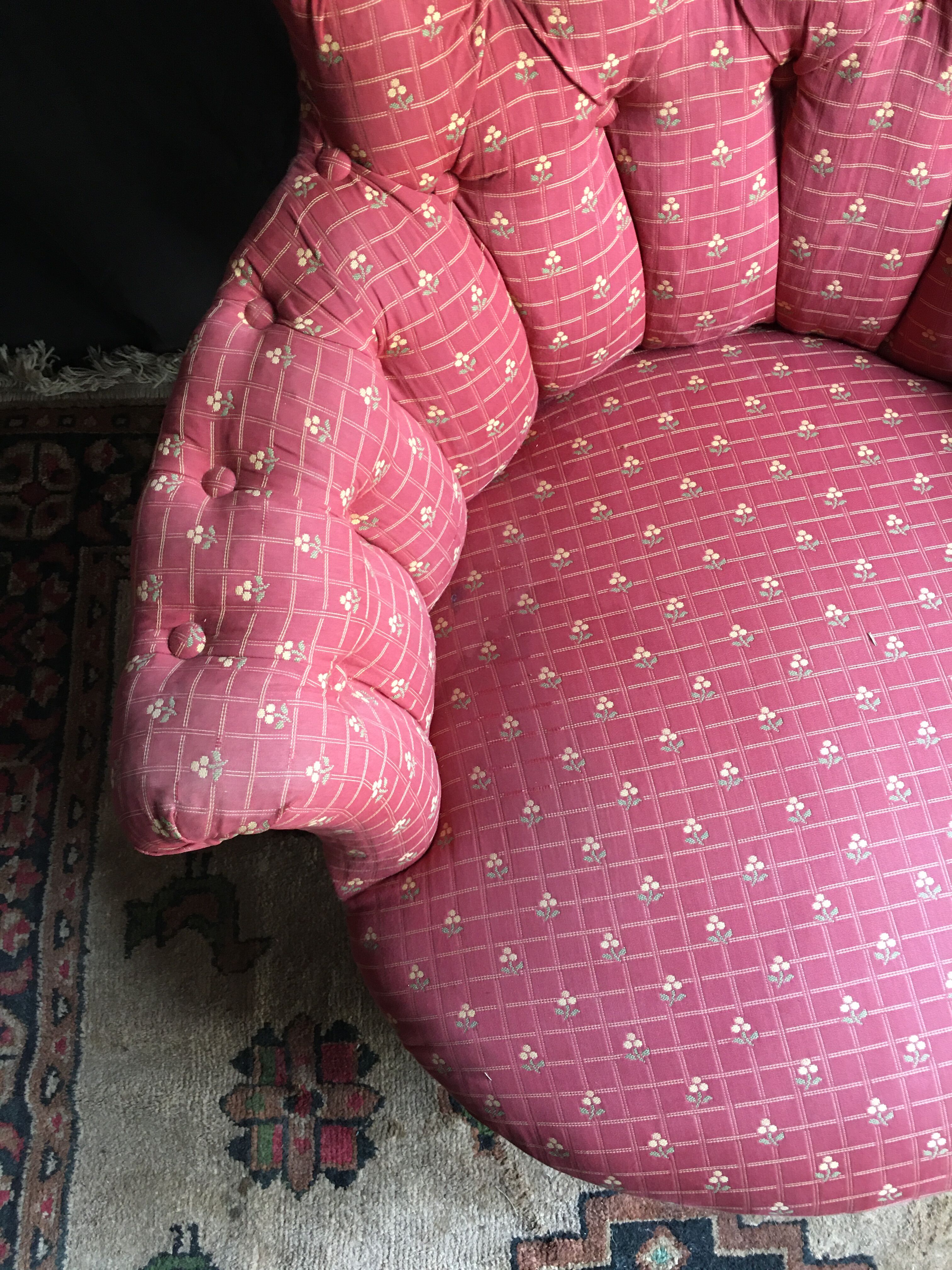 Pair of toad armchairs on wheels, upholstered.