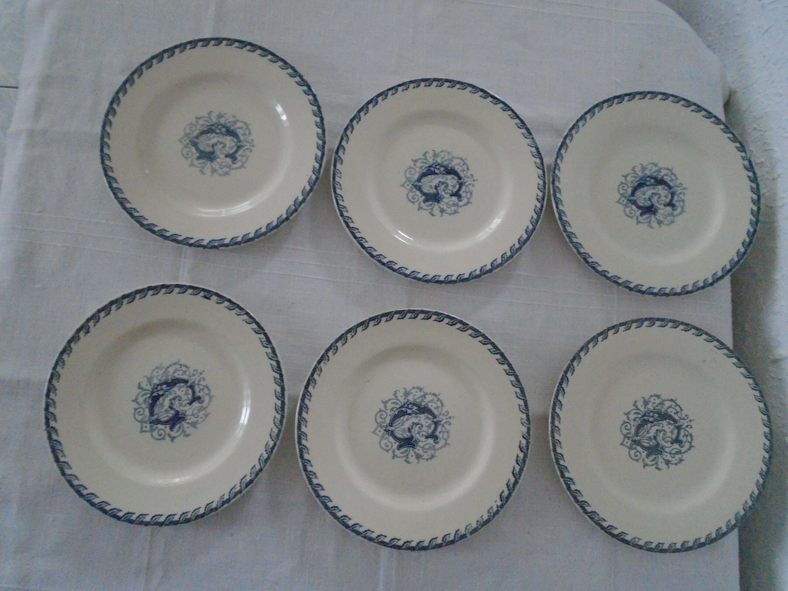 6 flat plates K - G Lunéville original blue decoration "G" old faience