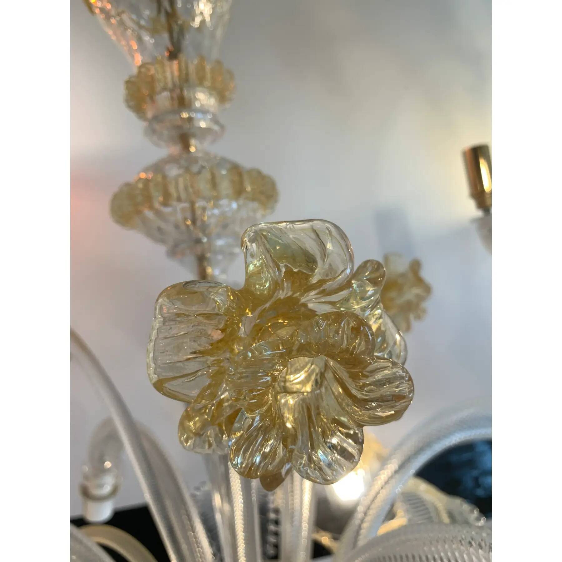 Venetian Murano-Style Glass Chandelier in Transparent and Gold with Flowers
