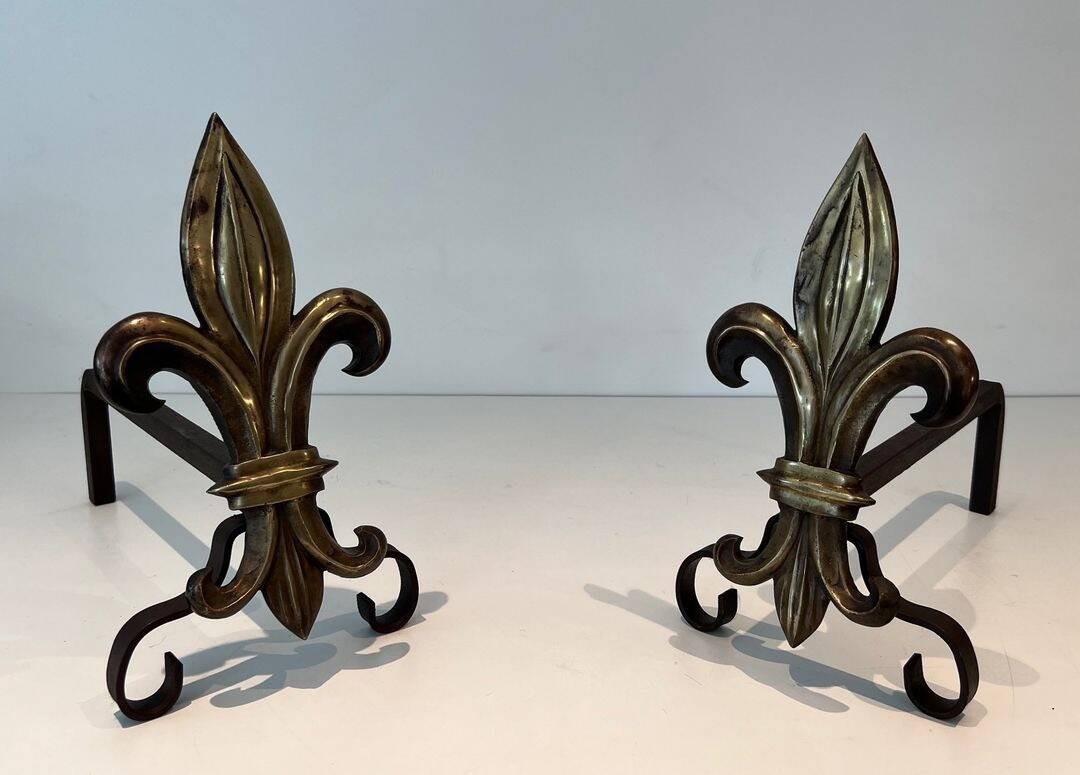 Pair of Bronze and Wrought Iron Chenets with Fleur-de-Lys Supports. France.