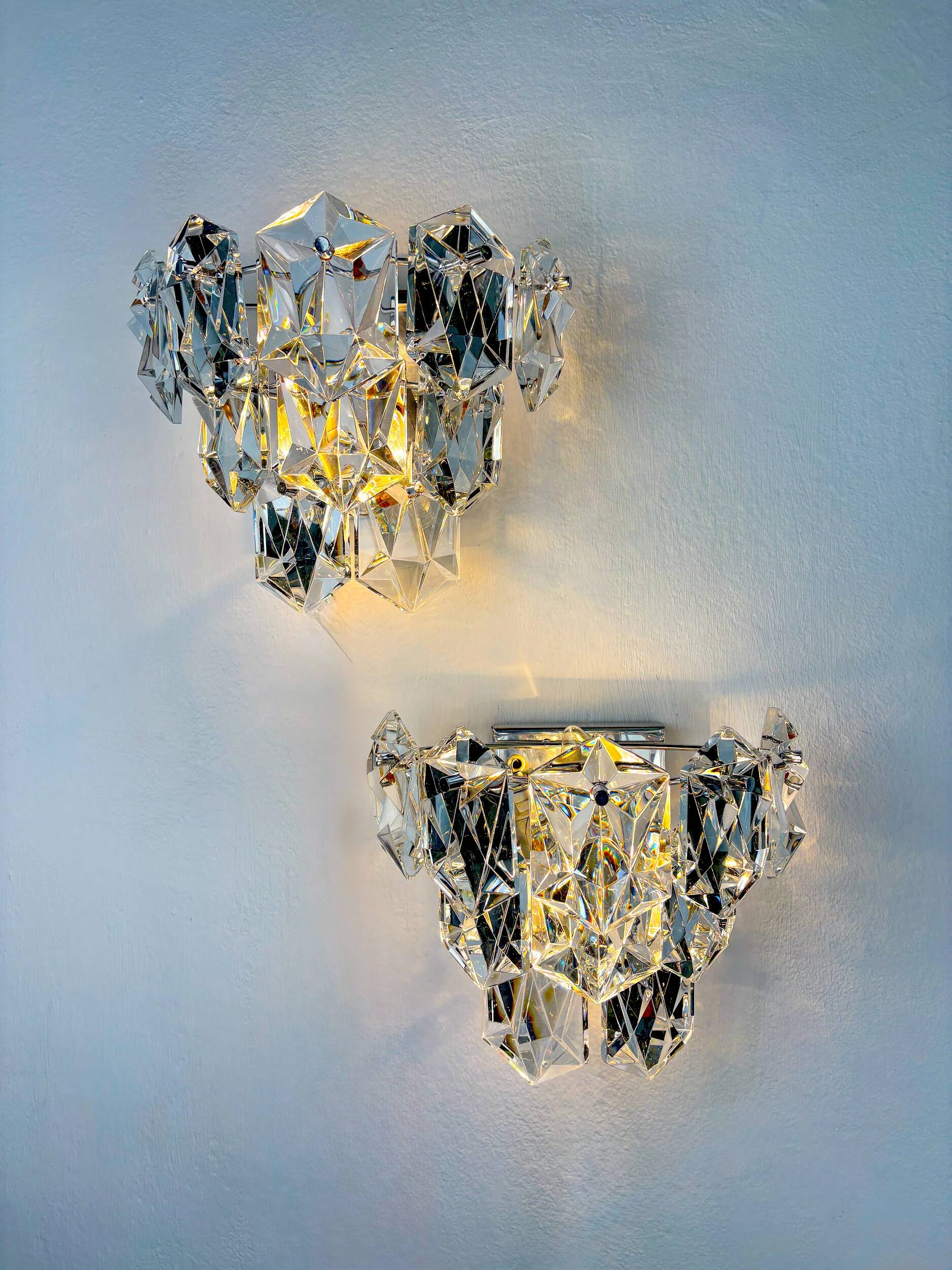 Pair of Kinkeldey 2-tier cut crystal wall sconces, Germany, circa 1970s
