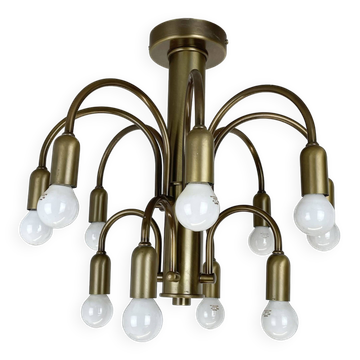 large 12-armed solid Brass ceiling light Chandelier by WKR Lights, Germany 1970s