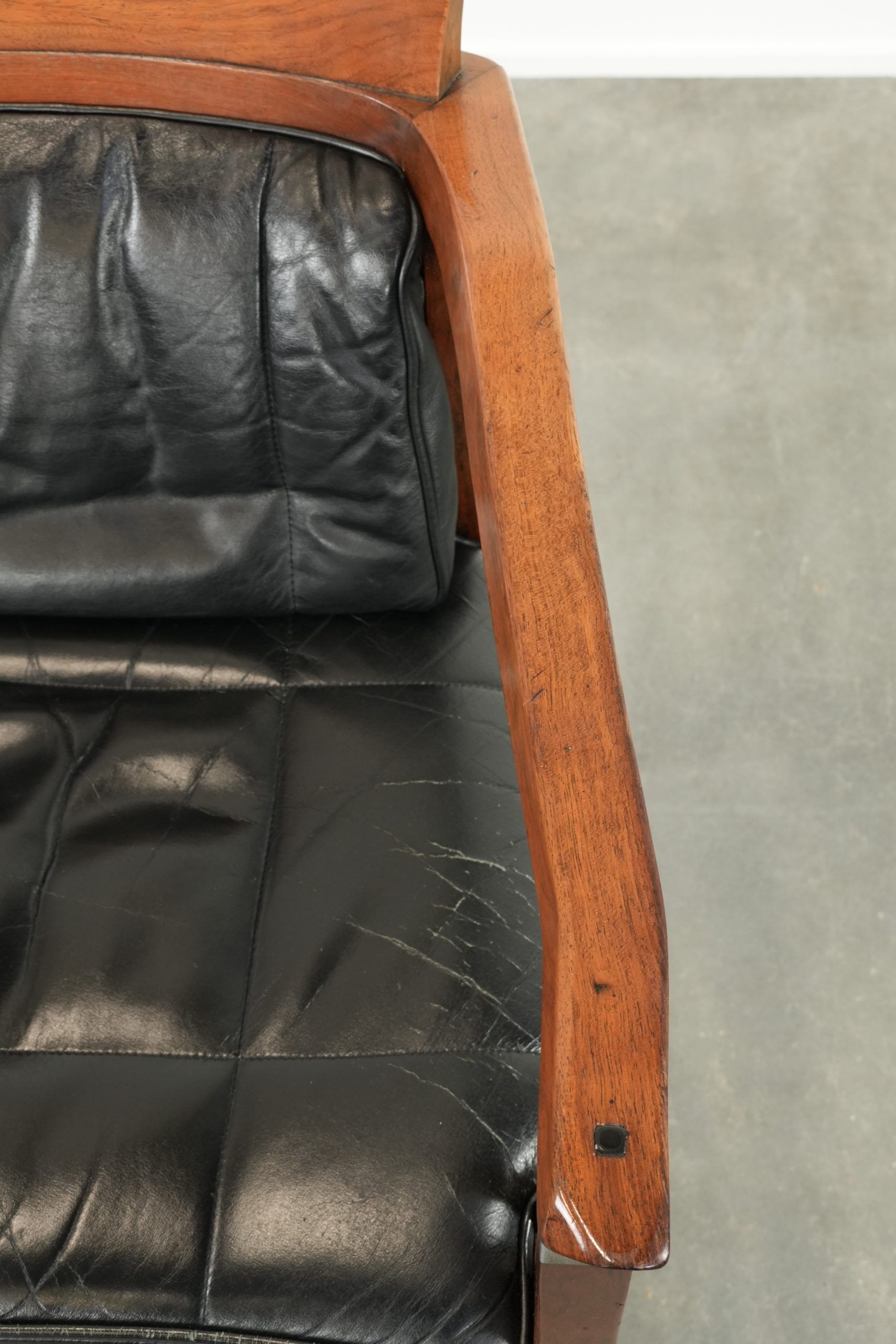 Black leather Art Deco design dining/side/desk chair with armrests