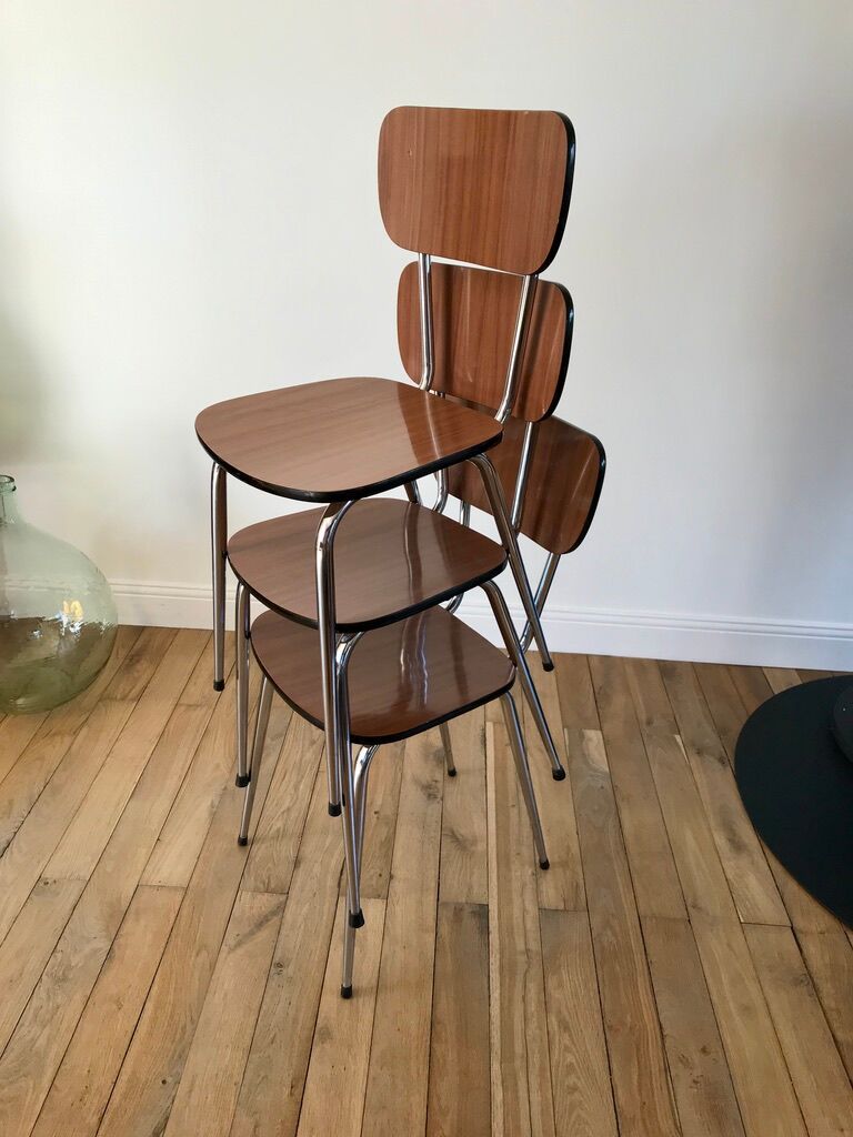 Trio of brown formica chairs 70s