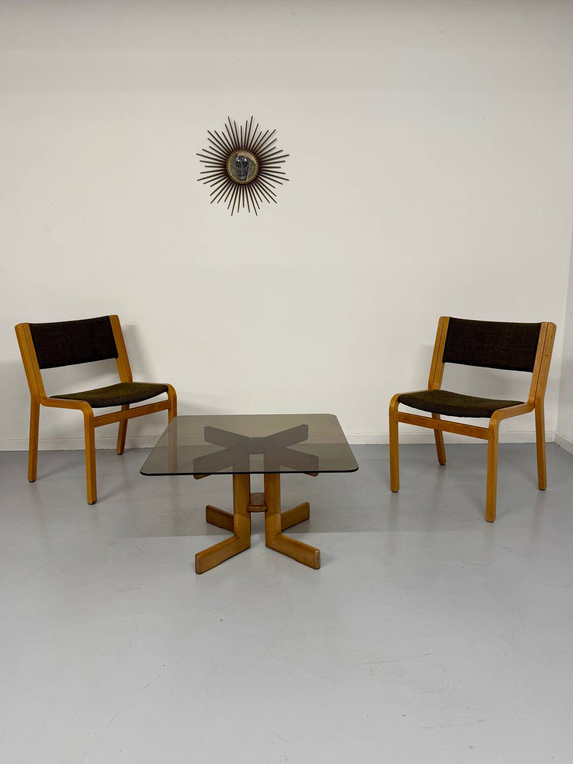 Vintage coffee table in wood and smoked glass, Scandinavian design, 70s