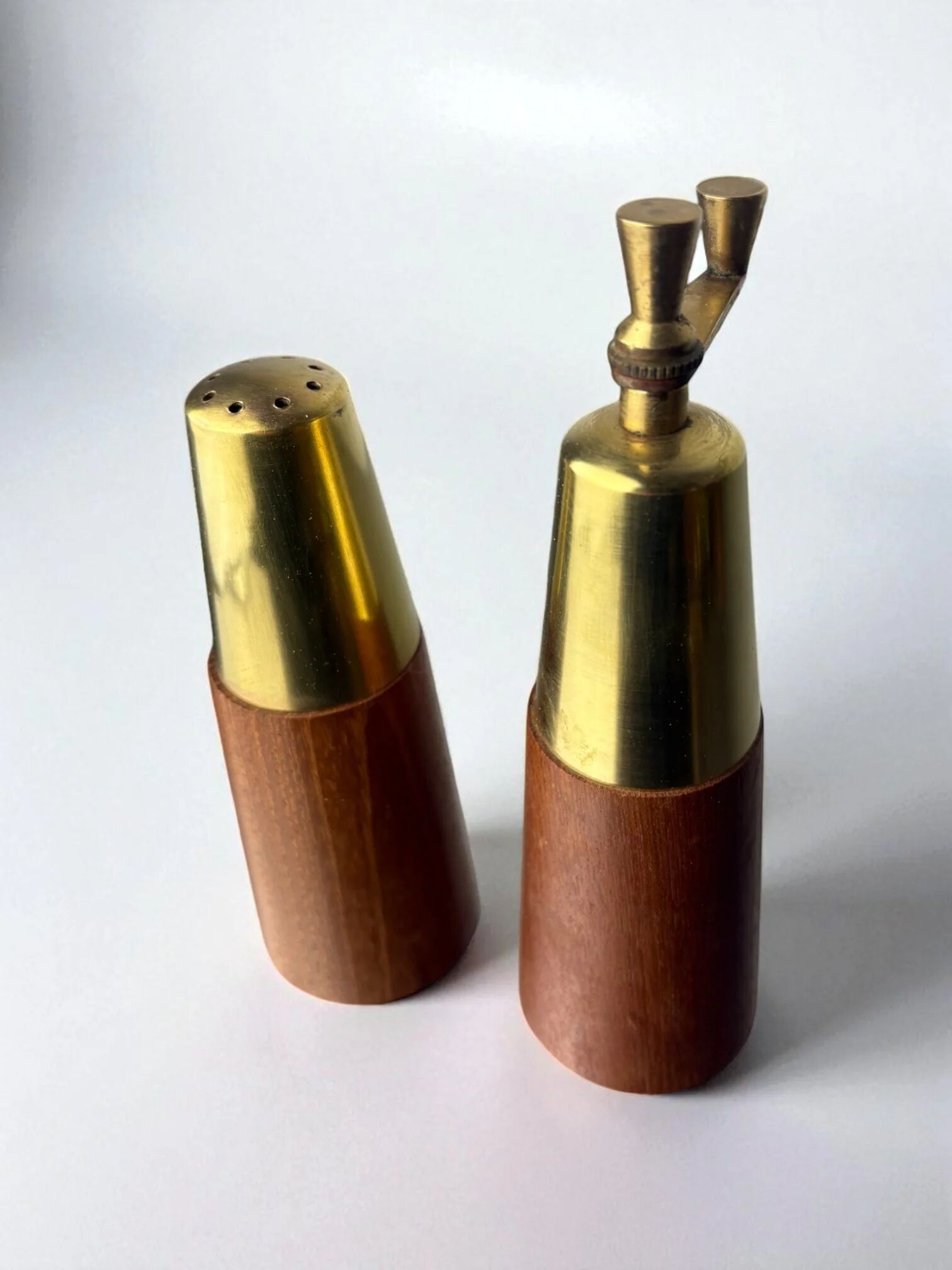 Salt shaker and pepper mill in rosewood and brass, Italy, 1970s