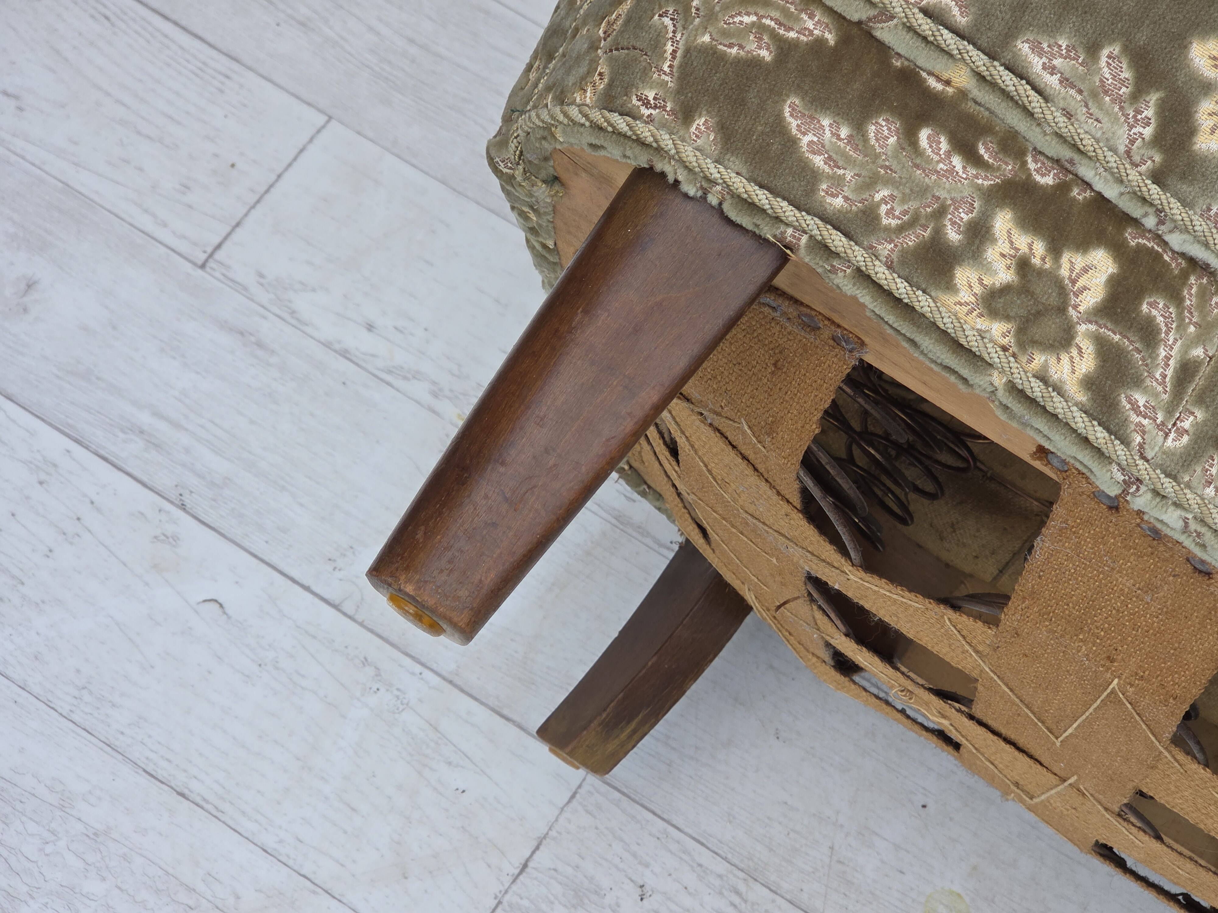 1960s, Danish 3-seater curved sofa, furniture velour, beech wood legs.