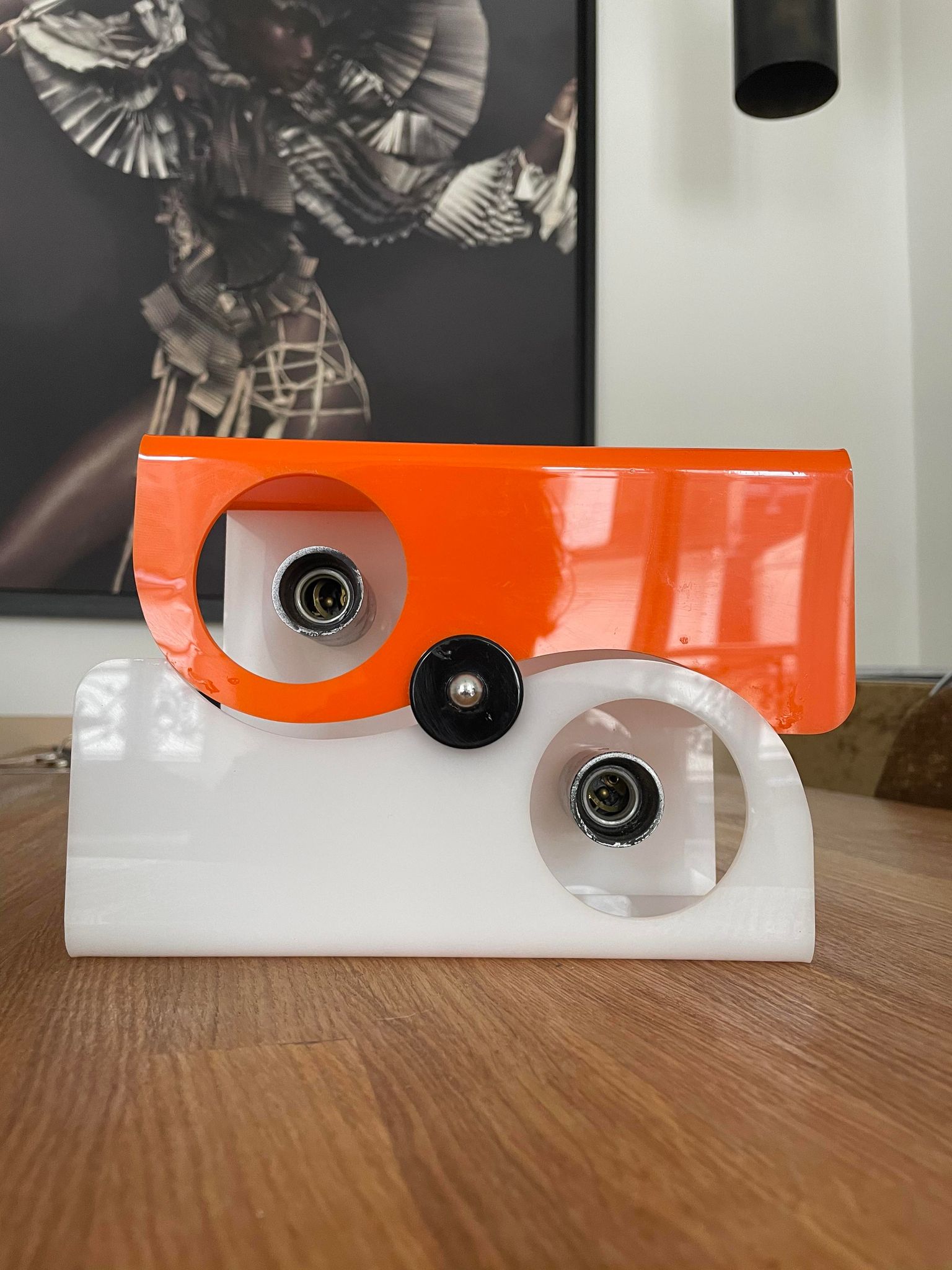 Vintage two-light wall lamp, ABS orange and white, France 1970