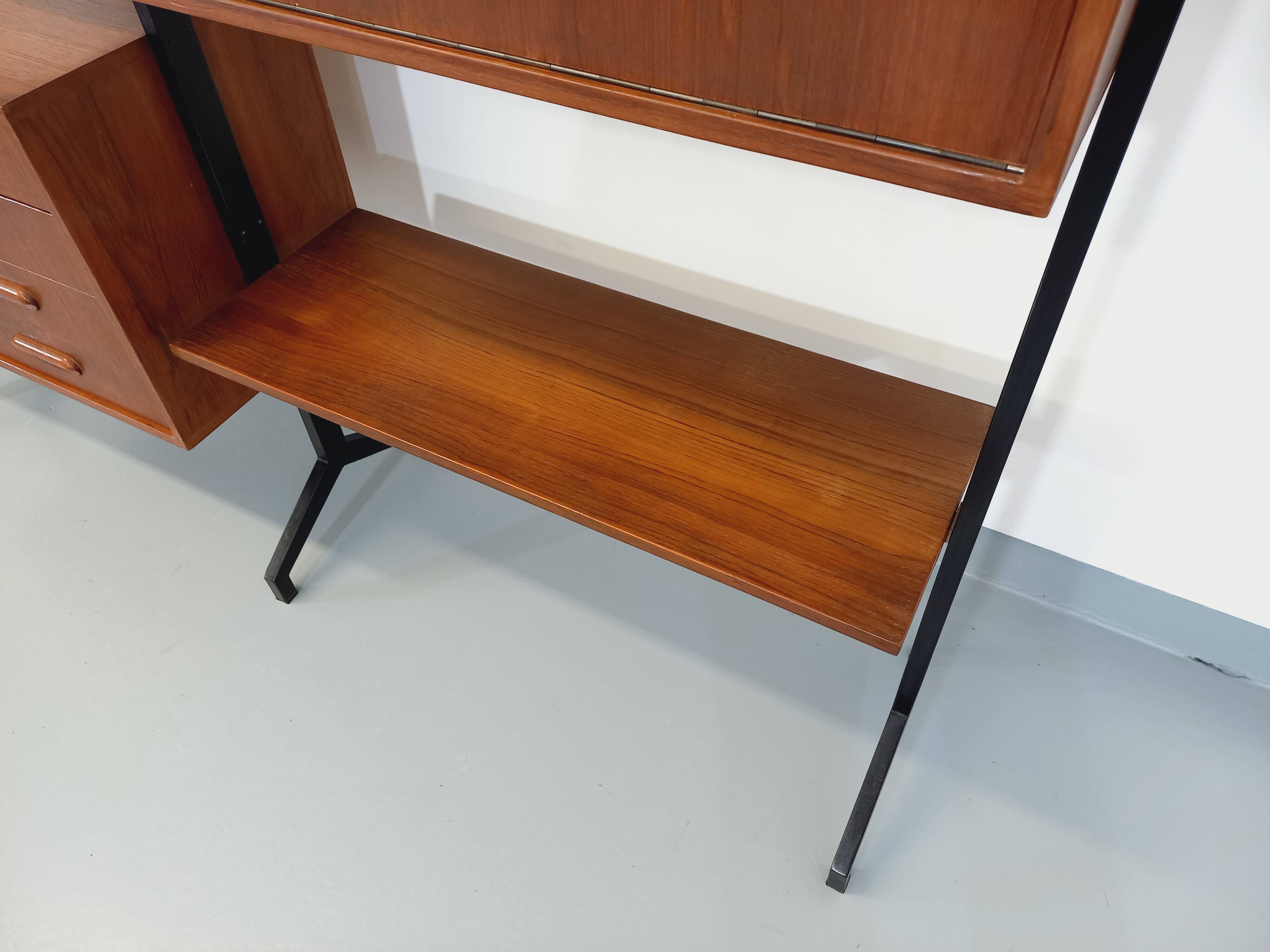 Italian bookcase vintage modular double shelf in teak and metal from the 60s