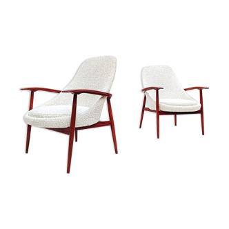 Pair of Mid Century Armchairs in White Boucle