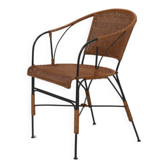 Chaise d'appoint décorative en fer forgé et rotin des années 1970